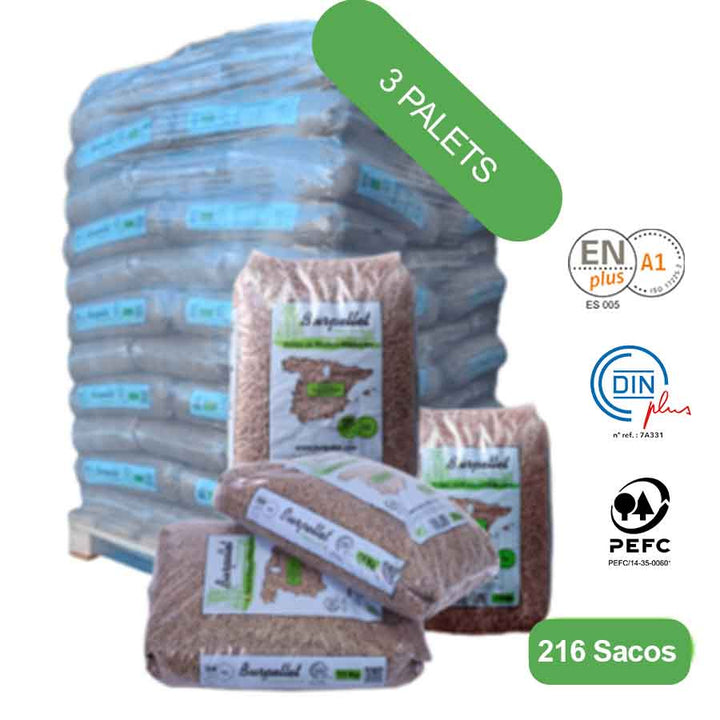 Burpellet -3 Palets de 216 Sacos certificado Enplus 15 kg